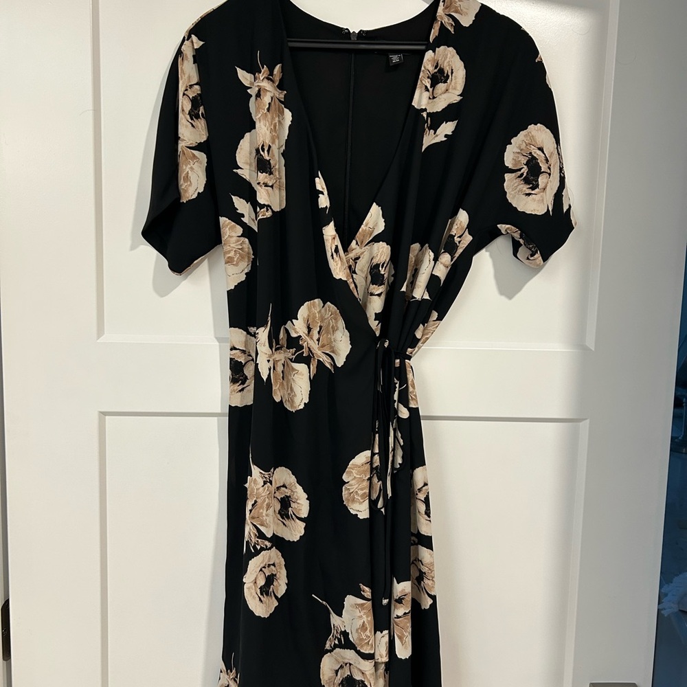 le château Black Wrap Midi Dress with Beige Floral Print